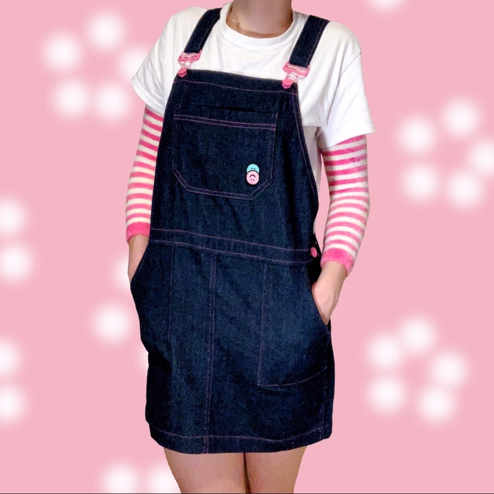 Lazy Oaf indigo pink stitch dungarees dress